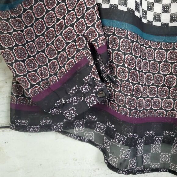 Maurices Women’s Boho Sheer Blouse Size M Long Sleeve Lace Yoke Mixed Print Peas - Picture 5 of 9